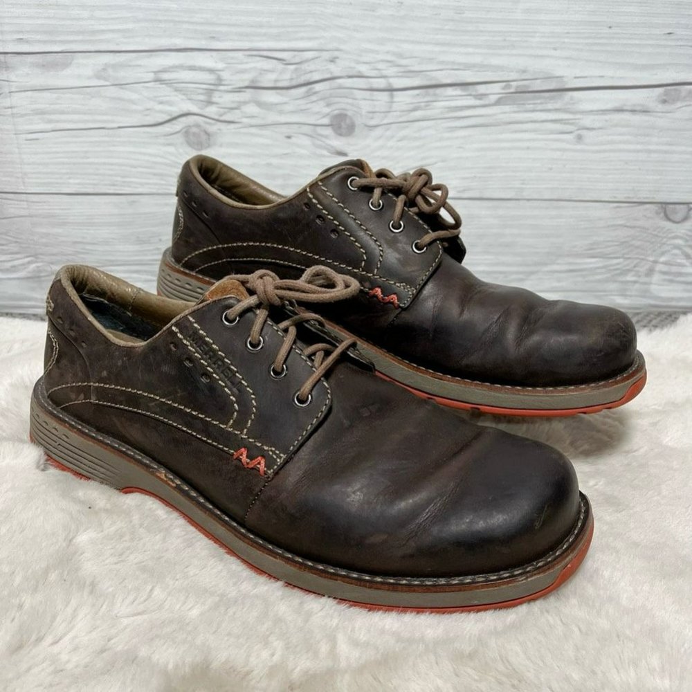 Merrell Mens Realm Derby Shoes Brown Leather Lace Up Slip Resistant Logo 10.5
